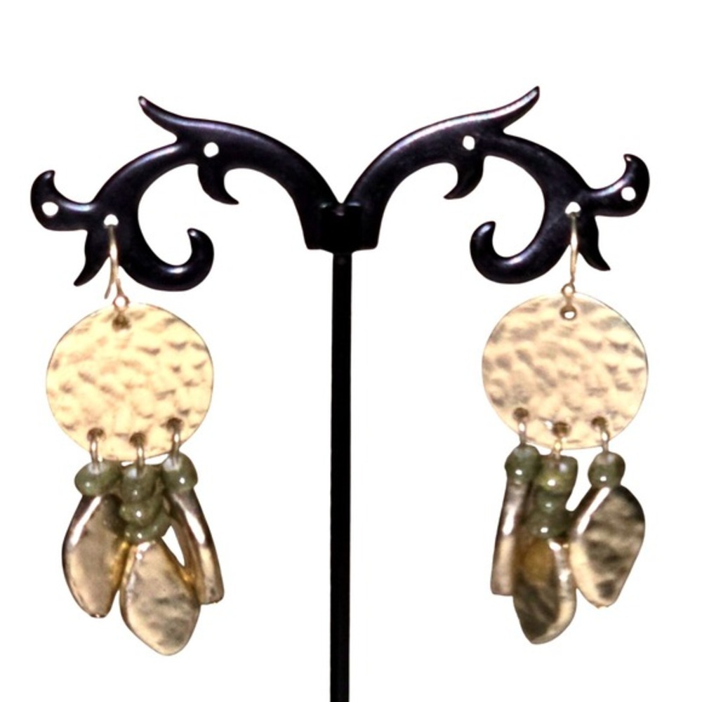 Lucky Brand Hammered Gold Stone Bead Leaf Drop Dangle Earrings Boho Artisan